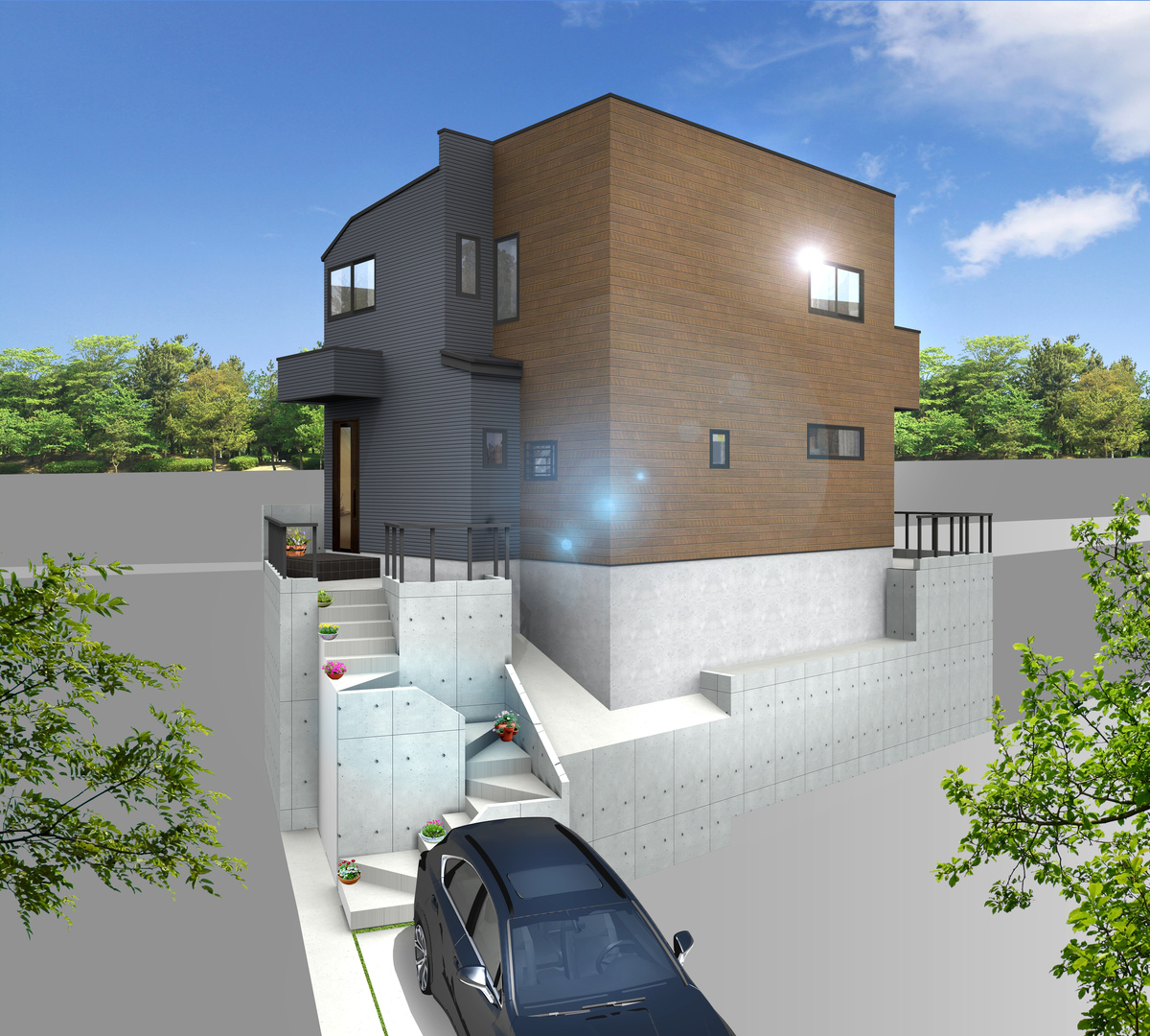 （B号棟）完成予想図 ◇公園1分、小・中学校徒歩10分以内、子育て世代に安心の立地です