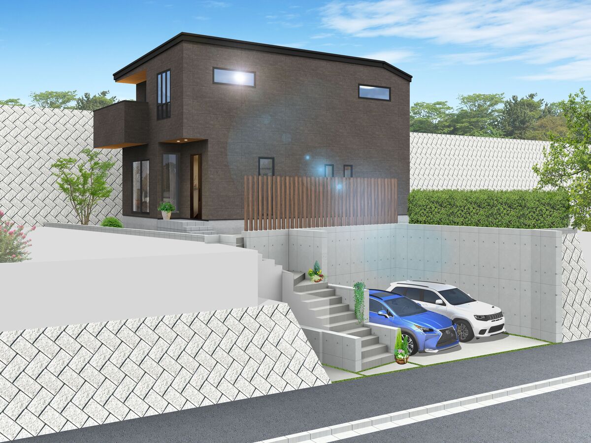 完成予想図 ◇2台駐車可、ひときわ目を引く落ち着いた外観です